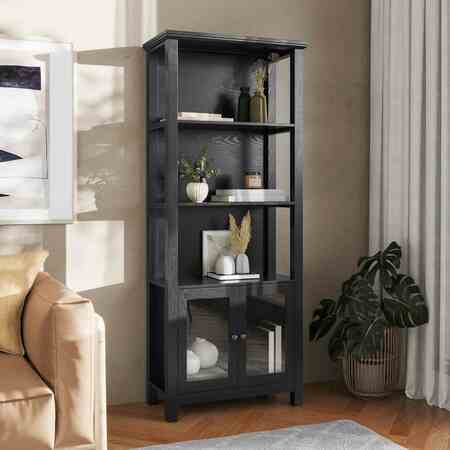 FLASH FURNITURE Stella Modern Farmhouse Wooden Bookcase/Storage Cabinet, 3 Upper Shelves in Black ZG-027-BLK-GG